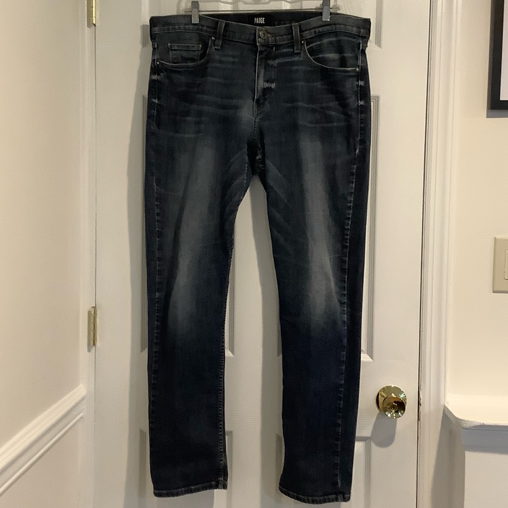 PAIGE Men’s Lennox Dark Wash Straight Leg Stretch Denim Blue Jeans 38
